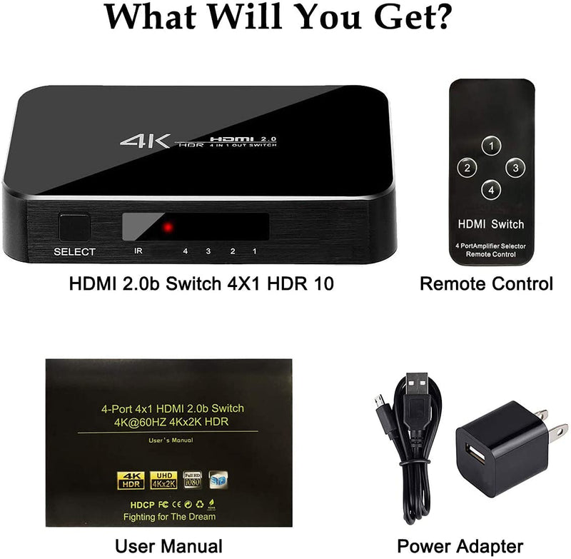  [AUSTRALIA] - HDMI Switch 4X1, 4K Ultra HD HDMI Switcher Support HDMI 2.0 HDCP 2.2, 3D, 1080P, 4Kx2k@60Hz (IR Remote Control)