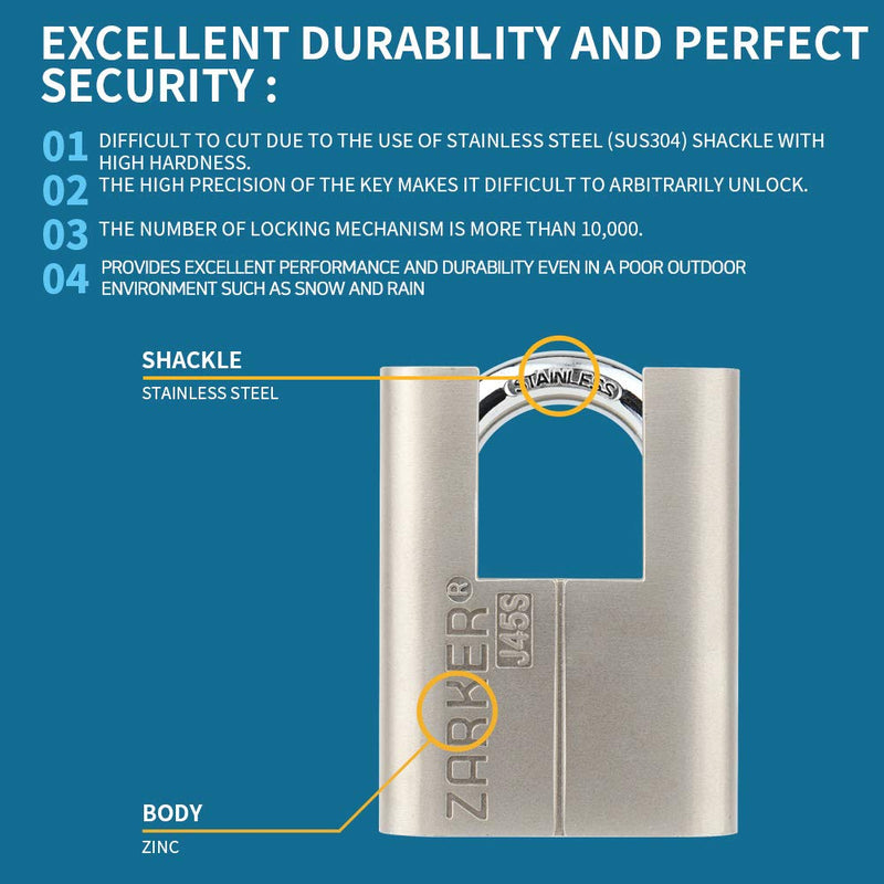  [AUSTRALIA] - Zarker J45S keyed Padlock - Stainless Steel Shackle Lock,Container storages, Warehouses, Vehicles Outside, or etc, Suitable for Places Have Bad Condition of Weather - 1 Pack