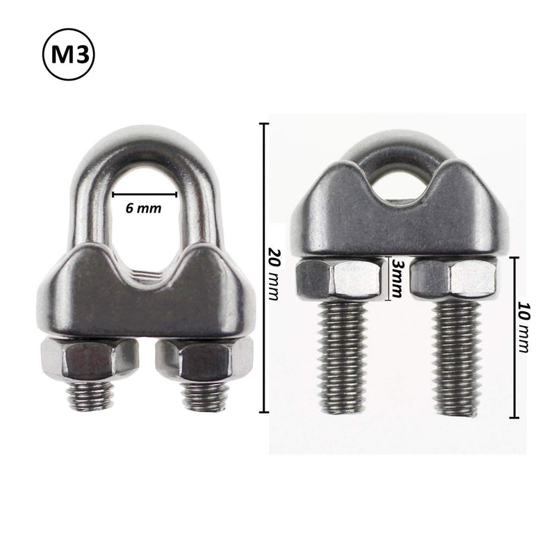  [AUSTRALIA] - DYWISHKEY Pack of 20, 1/8 Inch M3 Stainless Steel Wire Rope Cable Clip Clamp