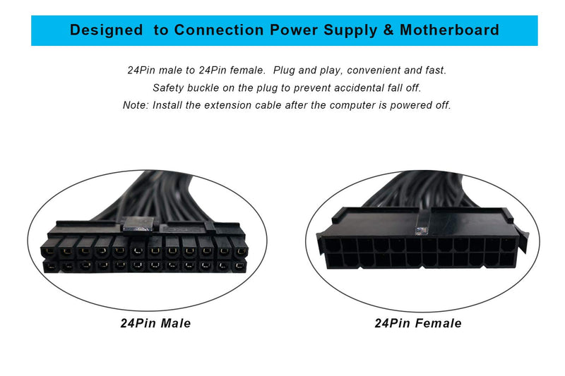  [AUSTRALIA] - ZLKSKER 24 Pin Motherboard Power Supply Cable (12Inch, 18AWG), ATX Power Supply Extension Wire, 24 Pin Male to 24 Pin Female