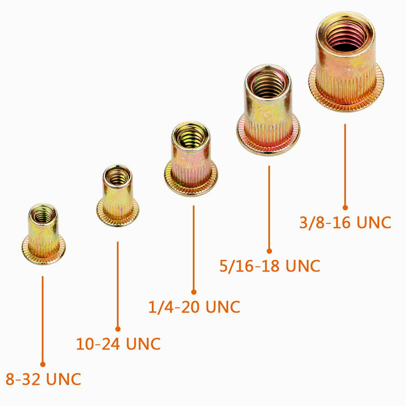  [AUSTRALIA] - Rivet Nut, LOKMAN 100 Pieces 1/4-20UNC Carbon Steel Flat Head Rivnut Threaded Insert Nut,Knurled Body (1/4''-20) 1/4''-20