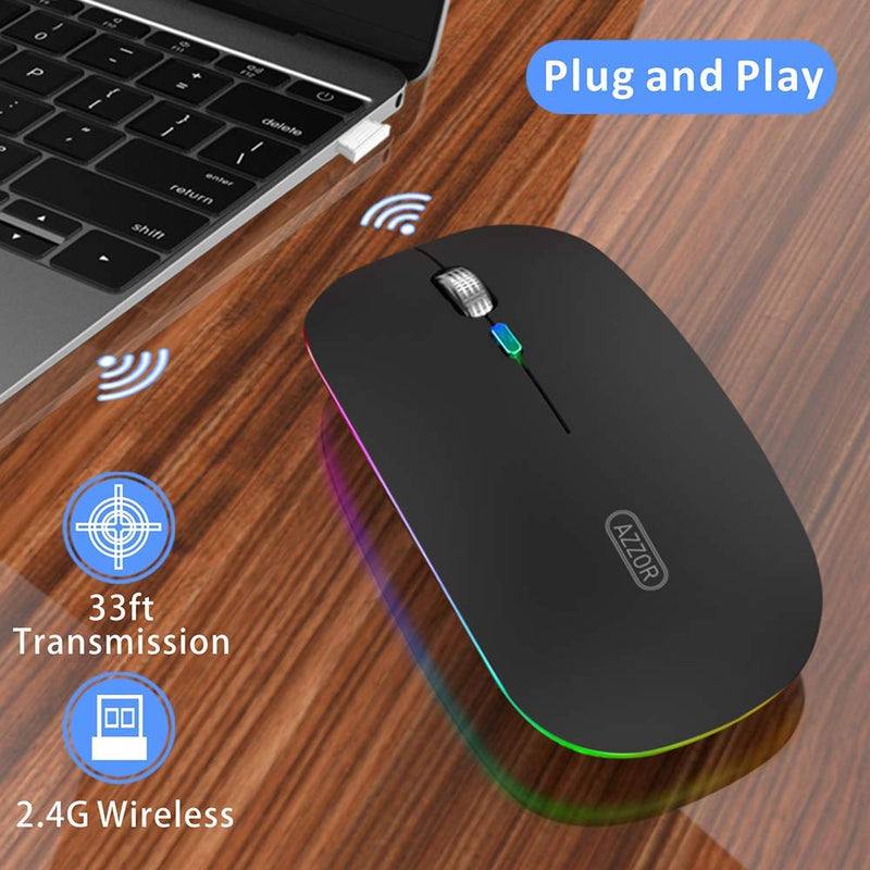  [AUSTRALIA] - LED Wireless Mouse, Uiosmuph G12 Slim Rechargeable Wireless Silent Mouse, 2.4G Portable USB Optical Wireless Computer Mice with USB Receiver and Type C Adapter (Matte Black) Matte Black