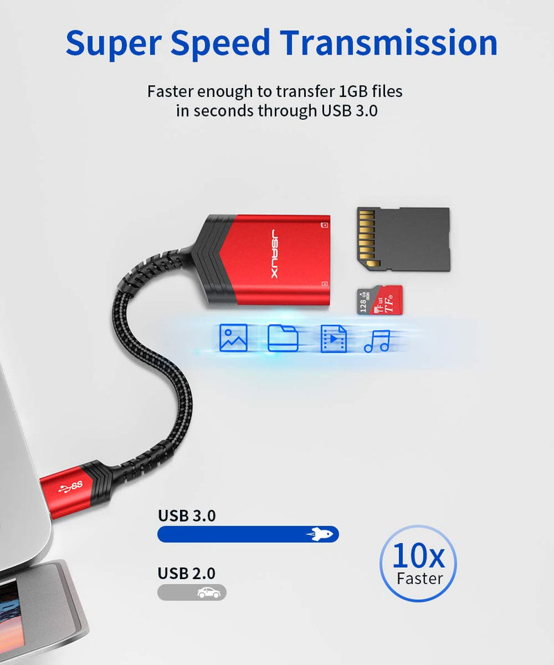 SD Card Reader Fast Transfer, JSAUX USB 3.0 SD Card Adapter 5Gbps 2TB Capacity TF SD Micro SD SDXC SDHC MMC RS-MMC Micro SDXC Micro SDHC UHS-I for Windows Linux Chrome Read 2 Cards Simultaneously-Red Red - LeoForward Australia
