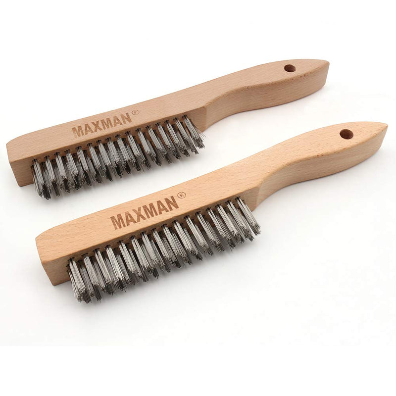  [AUSTRALIA] - Wire Brush,Heavy Duty Stainless Steel Wire Scratch Brush for Cleaning Rust with 10"Curved Beechwood Handle,2 Pieces Stainless Steel Bristles