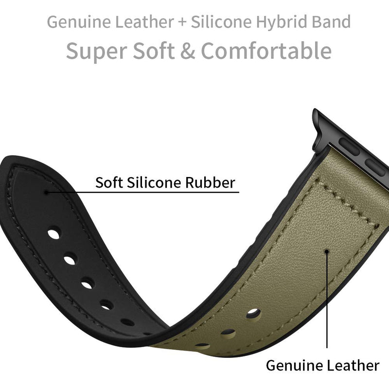 OUHENG Compatible with Apple Watch Band 40mm 38mm, Sweatproof Genuine Leather and Rubber Hybrid Band Strap Compatible with iWatch Series 6 5 4 3 2 1 SE, Army Green Band with Black Adapter Army Green/Black 38mm/40mm - LeoForward Australia