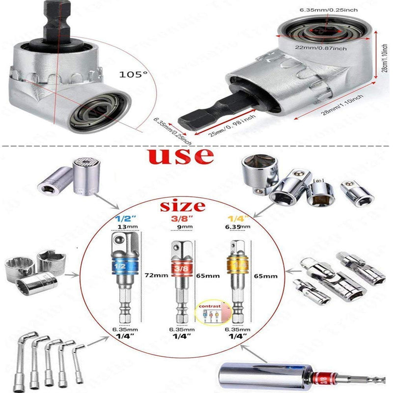 3Pcs 1/4" 3/8" 1/2"Hex Socket Adapter Drill Bits Set,Impact Grade Socket Wrench Adapter Extension Set,105°Right Angle Drill Bit Adapter Attachment 1/4" Drive Hex Magnetic Bit Socket Screwdriver Drill - LeoForward Australia