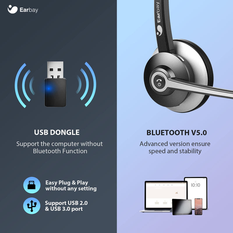  [AUSTRALIA] - Trucker Bluetooth Headset with Microphone, Wireless Headset with Mic Noise Cancelling & USB Dongle, 28 Hrs Talk Time, Bluetooth Headphone with Mic Mute for PC & Phone for Call Center/Zoom/Skype/Office Black