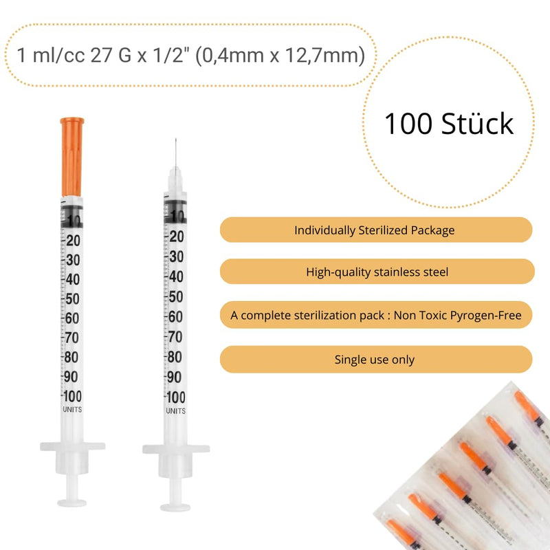  [AUSTRALIA] - 100pcs 1ml/cc Plastic Tube 27G (0.4 x 12.7mm), Multipurpose Measuring Tools, Individually Wrapped (27G 1/2”) 100pcs