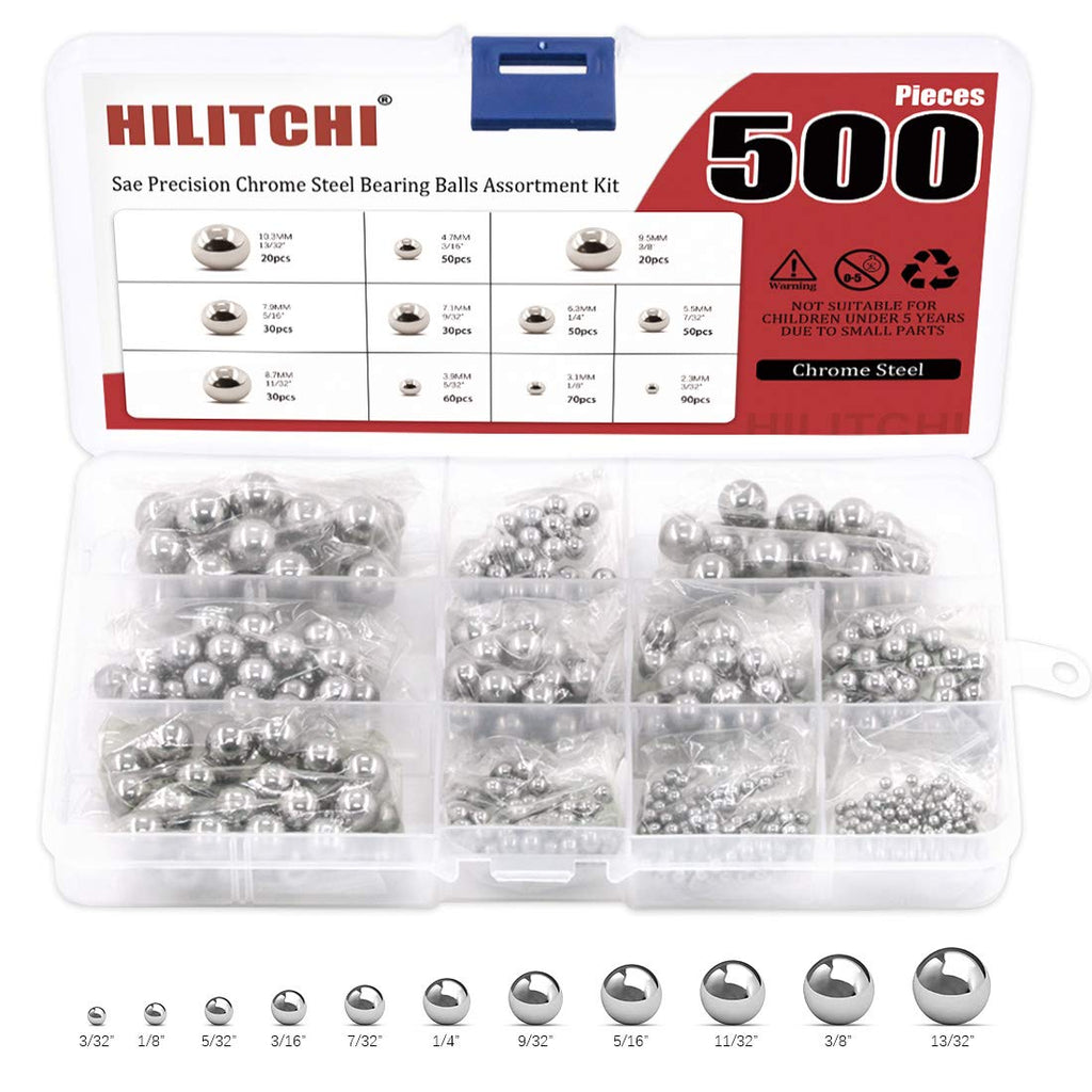  [AUSTRALIA] - Hilitchi 500 Pcs 11 Size SAE Precision Bearing Steel Ball Assortment Loose Bicycle Bearing Balls 3/32” 1/8" 5/32" 3/16" 7/32" 1/4" 9/32” 5/16” 11/32” 3/8” and 13/32” with Storage Box
