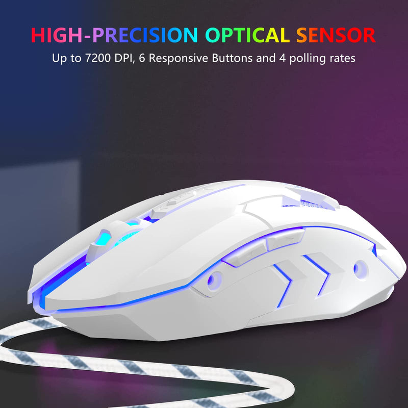  [AUSTRALIA] - FUWANG Wired Gaming Mouse, USB Computer Mouse with RGB Backlit, 7200 DPI Optical Sensor, Ergonomic Gamer Mouse with 6 Programmable Buttons for Windows/PC/Mac/Laptop Gamer White