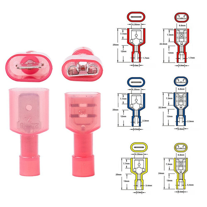  [AUSTRALIA] - Onite 100pcs Wire Connectors, (Red 22-16AWG, Blue 16-14AWG, Yellow 10-12AWG), Fully Insulated Male & Female Spade Nylon Quick Disconnect Electrical Crimp Cold-Pressed Terminals Assortment Kit