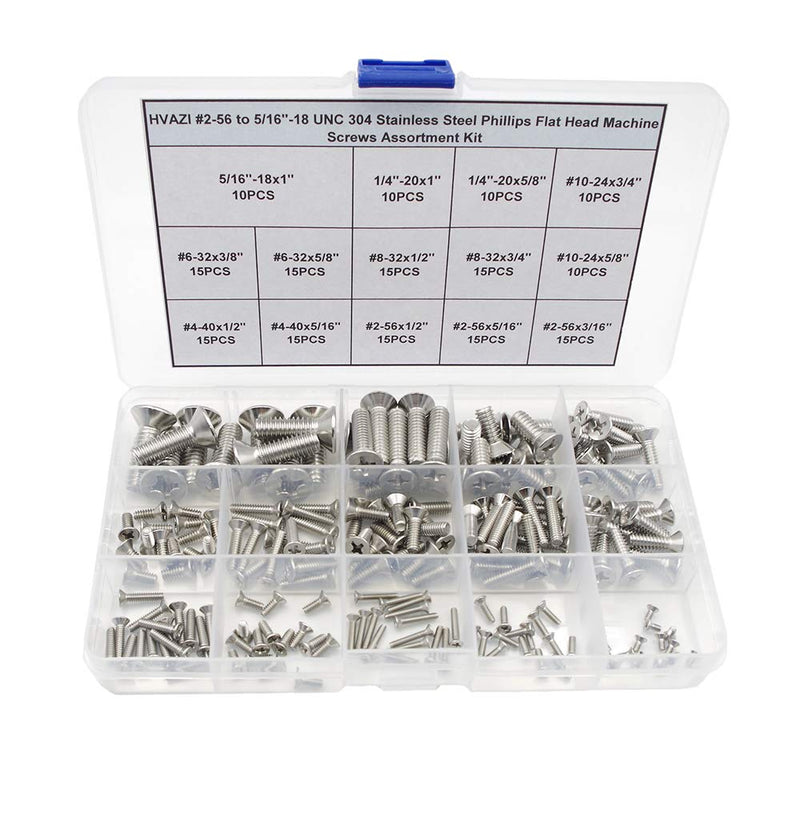  [AUSTRALIA] - HVAZI #2-56 to 5/16"-18 UNC 304 Stainless Steel Phillips Flat Head Machine Screws Assortment Kit