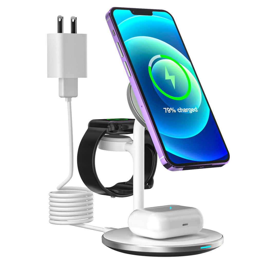  [AUSTRALIA] - Aluminium Alloy 3 in 1 Magnetic Wireless Charging Station for Multiple Devices,15W Fast Wireless Charger Compatible with Magsafe for iPhone 14/13/12 Pro Max,iWatch 7/6/SE/5/4/3,Airpods Pro/3 (White) White