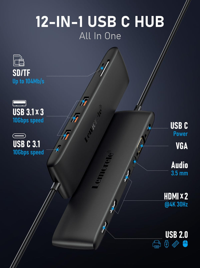  [AUSTRALIA] - Lemorele USB C Dual Monitor Docking Station for Dell/HP/Lenovo/Surface Laptop, 12 in 1 Triple Display USB C Hub Multiple Dongle Adapter with 2 HDMI 4K+VGA+4 USB Port+100W PD+USB C Data+SD/TF+Audio Black