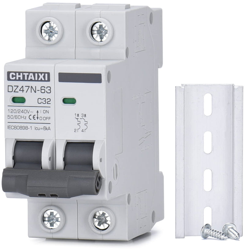  [AUSTRALIA] - Chtaixi AC Miniature Circuit Breaker, 32 Amp 120V/240V 2 Pole DIN Rail Mount Circuit Breaker, Thermal Magnetic Trip, Solar AC Disconnect Switch MCB C32