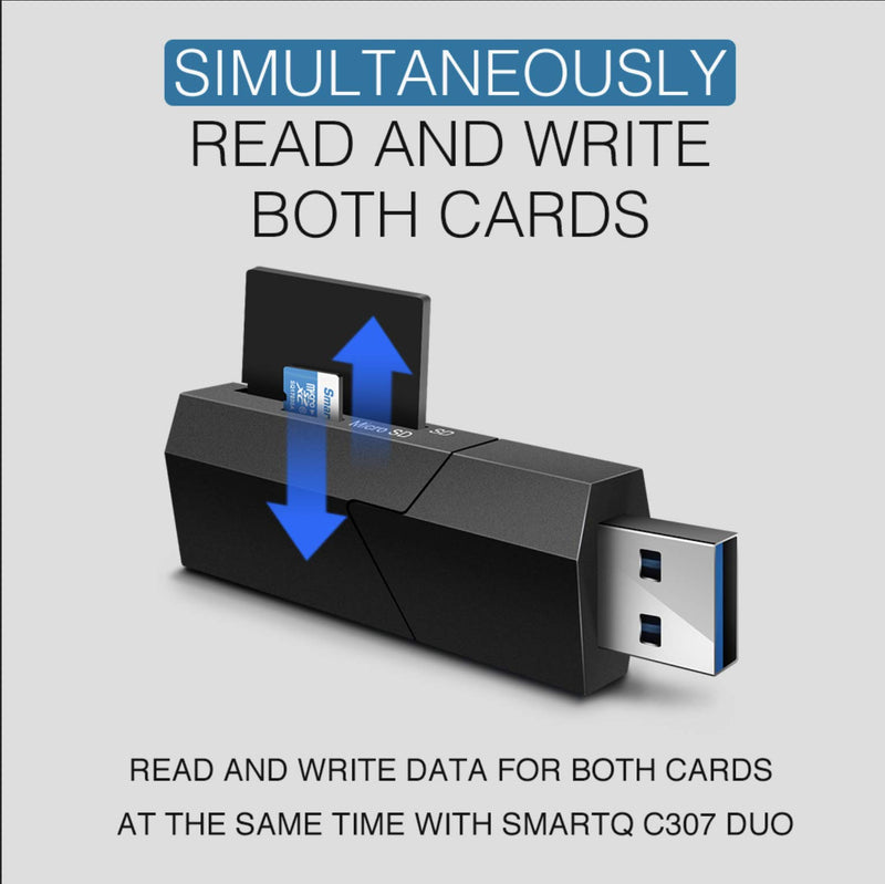  [AUSTRALIA] - SmartQ C307 DUO SD Card Reader Portable USB 3.0 Flash Memory Card Adapter Hub for SD, Micro SD, SDXC, SDHC, MMC, Micro SDXC, Micro SDHC, UHS-I for Mac, Windows, Linux, Chrome, PC, Laptop, Switch (Duo)