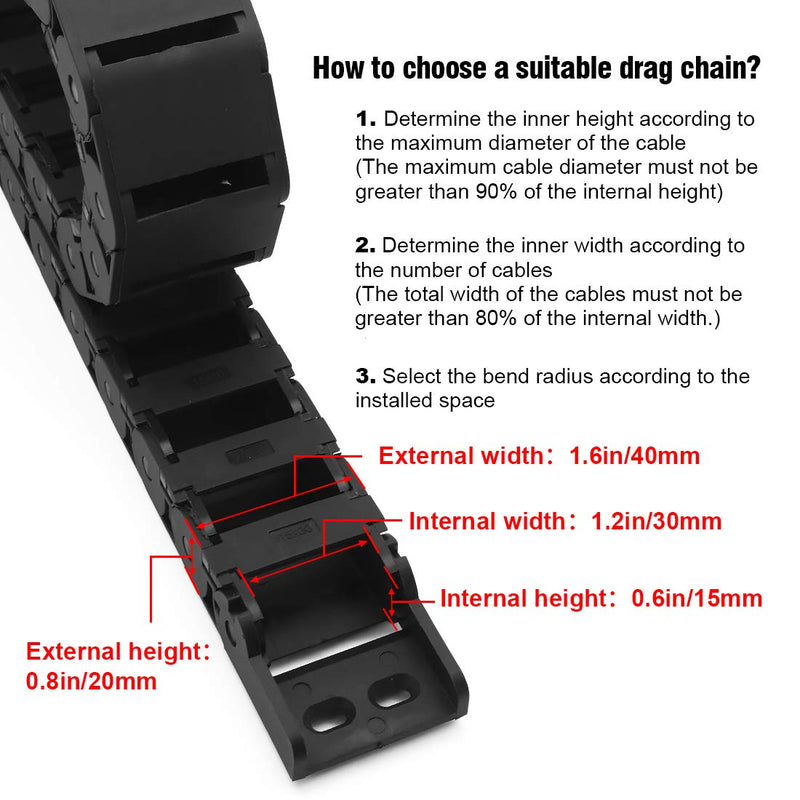  [AUSTRALIA] - LMioEtool R28/38 15mm x 30mm(Inner H x Inner W) Black Plastic Cable Wire Carrier Drag Chain 1M Length for CNC, with End Connectors - Semi Enclosed Type (Inner Side openable) 15*30B