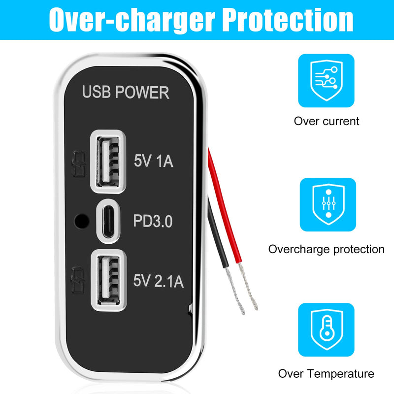  [AUSTRALIA] - 3 Ports 12V USB Outlet, Dual USB A Port 3.1A, Type C Port PD QC 3.0 Super Fast Charging Compatible with Phone 14 13 12, S22 S21 S20, iPad Pro, Adapter DIY Kit for Car Marine Truck Golf Cart RV, etc.