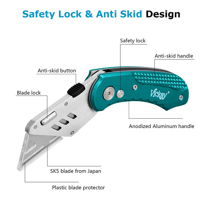  [AUSTRALIA] - Box Cutter Knife Utility Knife with 5 SK5 Quick Change Blades, Safety Axis Lock Design Razor Knife, Lightweight Aluminum Body Belt Clip for Office Viridian Green