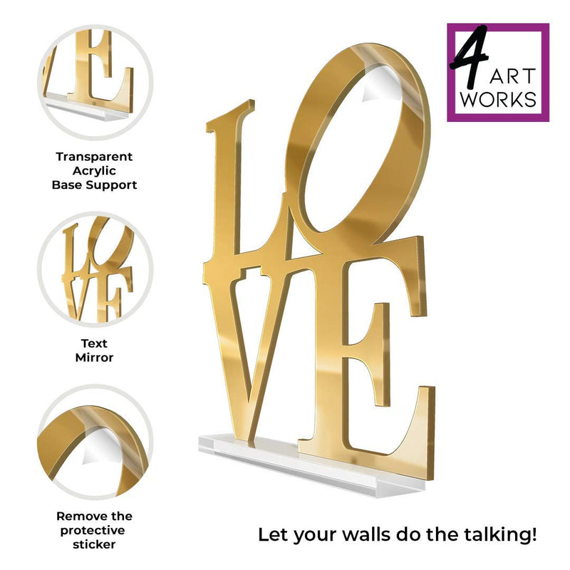  [AUSTRALIA] - 4ArtWorks - 3D Love Word Tabletop Art Décor (Gold Mirror Finish) for Dorm Rooms, Living Spaces, Bedrooms, Modern Offices & Desks with Transparent Acrylic Base | Great Gift Idea (6x6x1 in.) Gold
