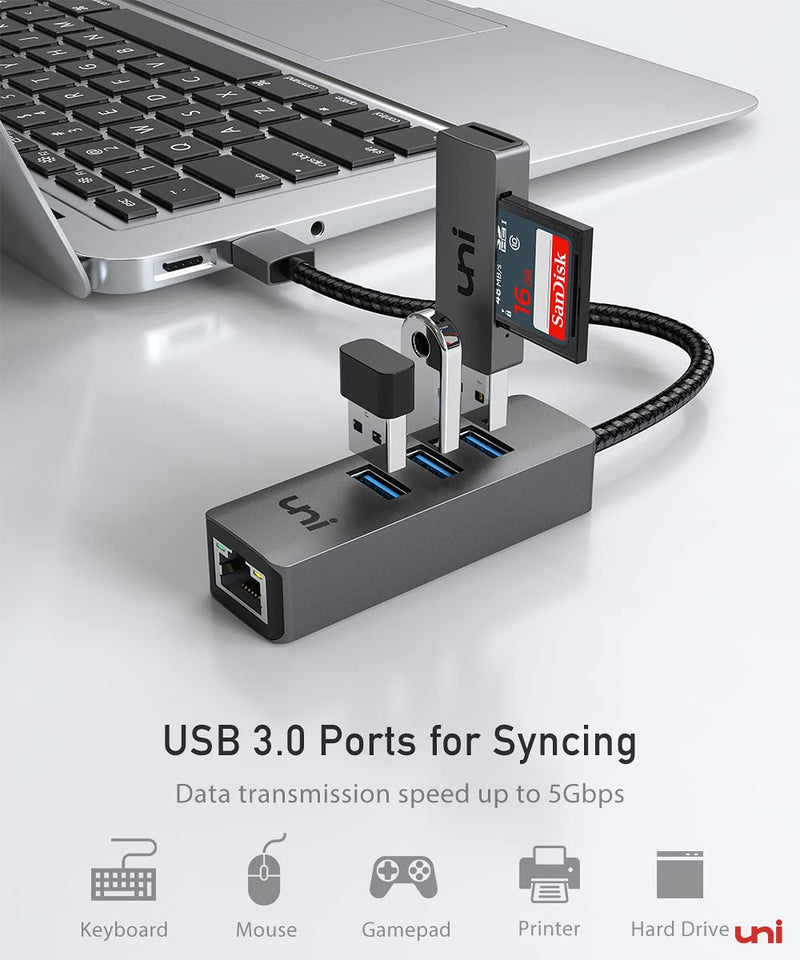  [AUSTRALIA] - USB 3.0 to Ethernet Adapter, uni [High-Speed Gigabit] Network Hub, 4-in-1 Multiport Hub, Aluminum Shell USB-A to RJ45 Port Converter Compatible with iMac, PC, Chromebook Laptops, and More