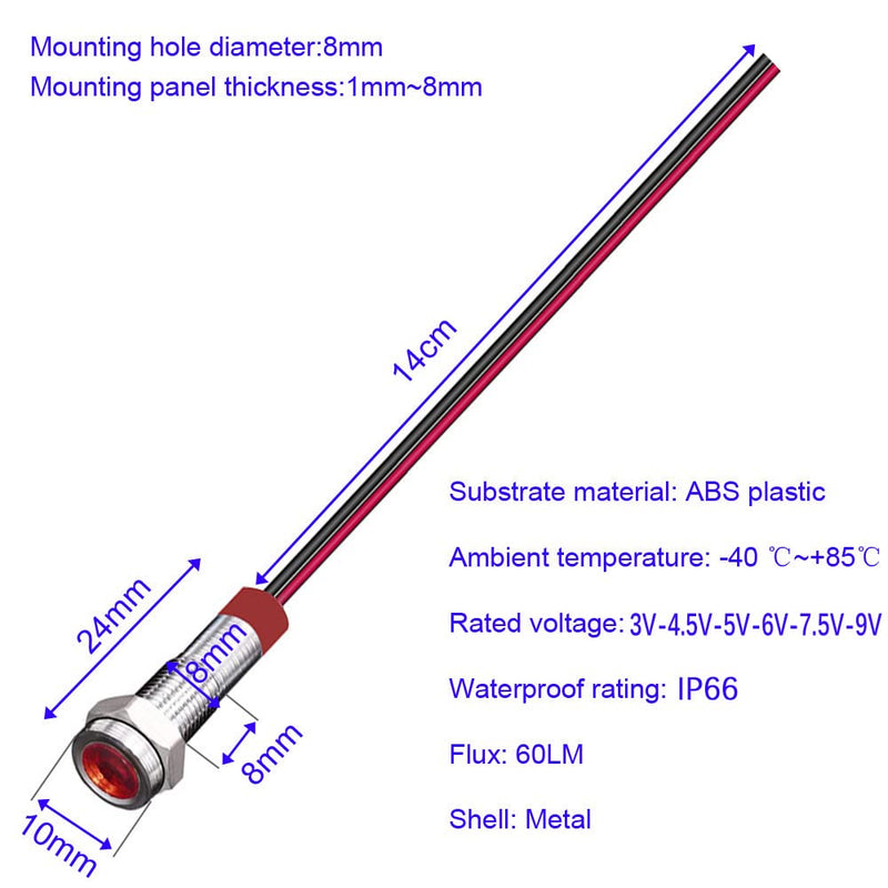 [AUSTRALIA] - Gebildet Pack of 5 8mm 3V-4.5V-5V-6V-7.5V-9V LED Metal Indicator Light Waterproof Signal Lamp Pilot Dash with Wire (Red/Orange/Blue/Green/White) Red/Orange/Blue/Green/White (8mm)