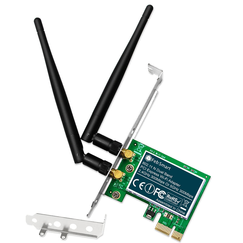  [AUSTRALIA] - FebSmart Wireless Dual Band N600 (2.4GHz 300Mbps or 5GHz 300Mbps) PCI Express Wi-Fi Adapter for Windows XP 7 8 8.1 10 Server System (32/64bit) Desktop PCs-2-Stream MIMO PCIE Wi-Fi Card (FS-N600)