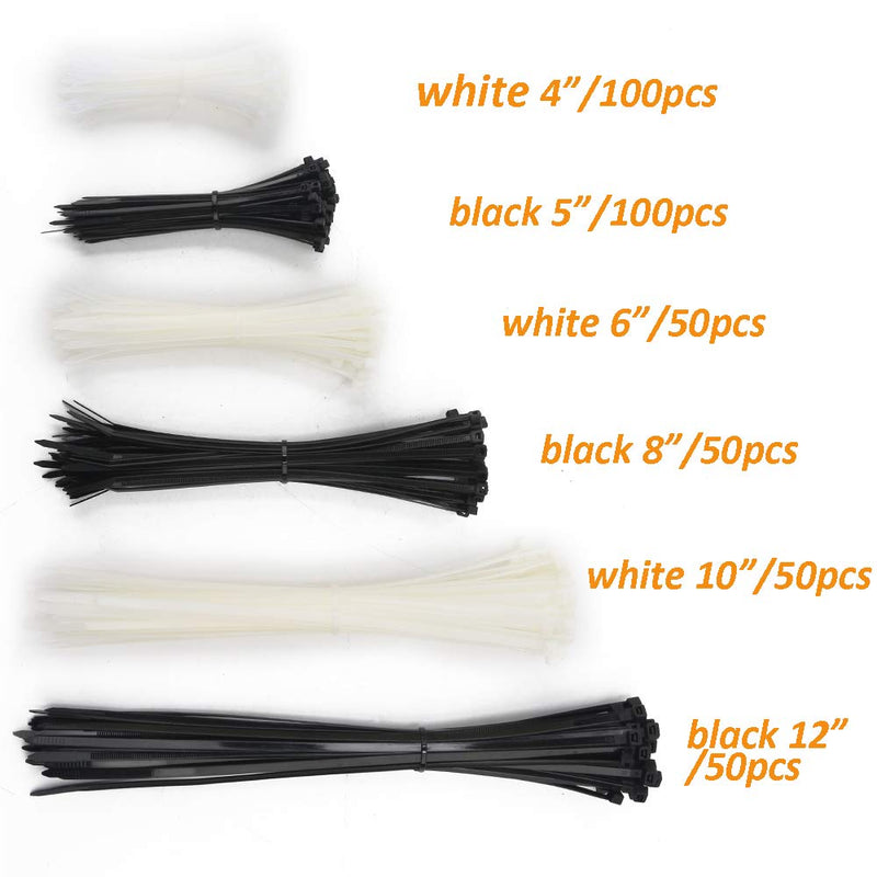  [AUSTRALIA] - ELECALL Zip Ties Assorted Size 400pcs White and Black Cable Zip Ties Heavy Duty Zip Ties 4" +5"+6"+8"+10"and 12" Self-Locking Nylon Cable Ties Black Perfect for Home Garden Office Use black and white