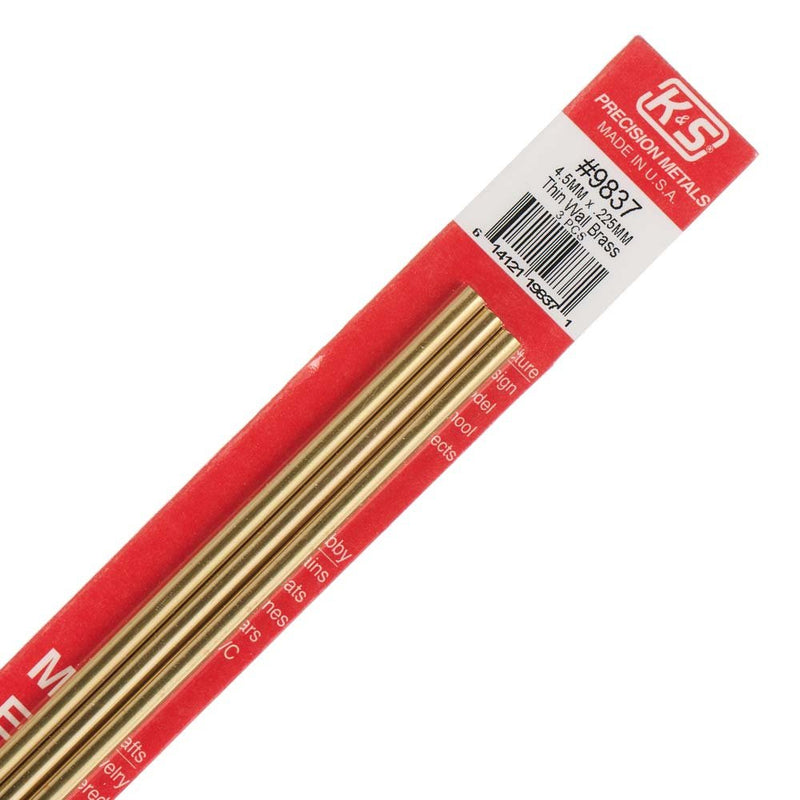 K&S Precision Metals 9837 Thin Wall Brass Tube, 4.5mm O.D. X .225mm Wall Thickness X 300mm Long, 3 Pieces per Pack, Made in The USA - LeoForward Australia