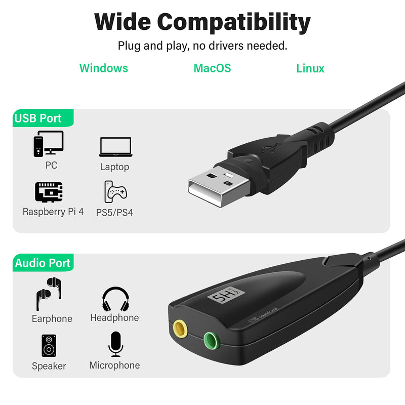  [AUSTRALIA] - Saisn USB Stereo Sound Card, USB 7.1 External Audio Sound Adapter Card 5Hv2 Channel Converter to 3.5mm Headphone Microphone Jack for Mac, PC, Windows.