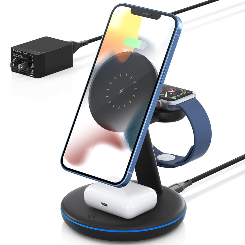  [AUSTRALIA] - Magnetic Wireless Charger 3 in 1, PEXXUS 15W Fast Mag-Safe Charger Stand Wireless Charging Station for iPhone 14 13 12 Pro/Max/Mini,AirPods Pro/3/2, Apple Watch 7/6/SE/5/4/3/2(QC3.0 Adapter Included) Black new