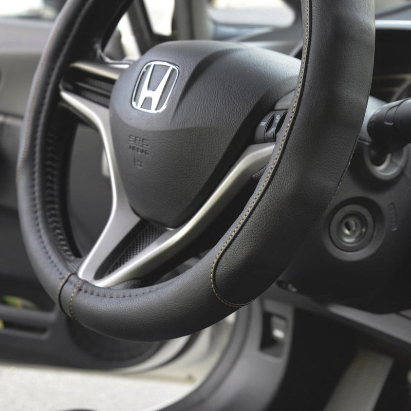  [AUSTRALIA] - Motor Trend GripDrive Pro Synthetic Comfort Leather Grip Steering Wheel Cover for Cars Trucks Vans SUVs (Black / Beige Accent Stitching) (Small Size 13.5 - 14.5 Inch) Black / Beige Accent Stitching Small (13.5 - 14.5")