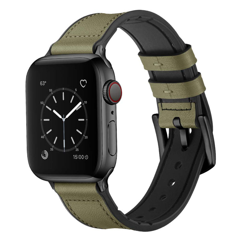 OUHENG Compatible with Apple Watch Band 44mm 42mm, Sweatproof Genuine Leather and Rubber Hybrid Band Strap Compatible with iWatch Series 6 5 4 3 2 1 SE, Army Green Band with Black Adapter Army Green/Black 42mm/44mm - LeoForward Australia