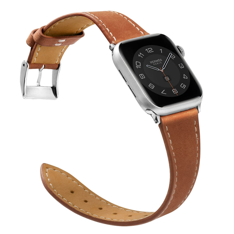  [AUSTRALIA] - Marge Plus Compatible with Apple Watch Band Series SE 7 6 5 4 3 2 1 45mm 41mm 44mm 40mm 42mm 38mm, Genuine Leather Replacement Band for iWatch, Leather Apple Watch Strap for Women & Men, Brown A-Brown/Silver 38mm / 40mm / 41mm