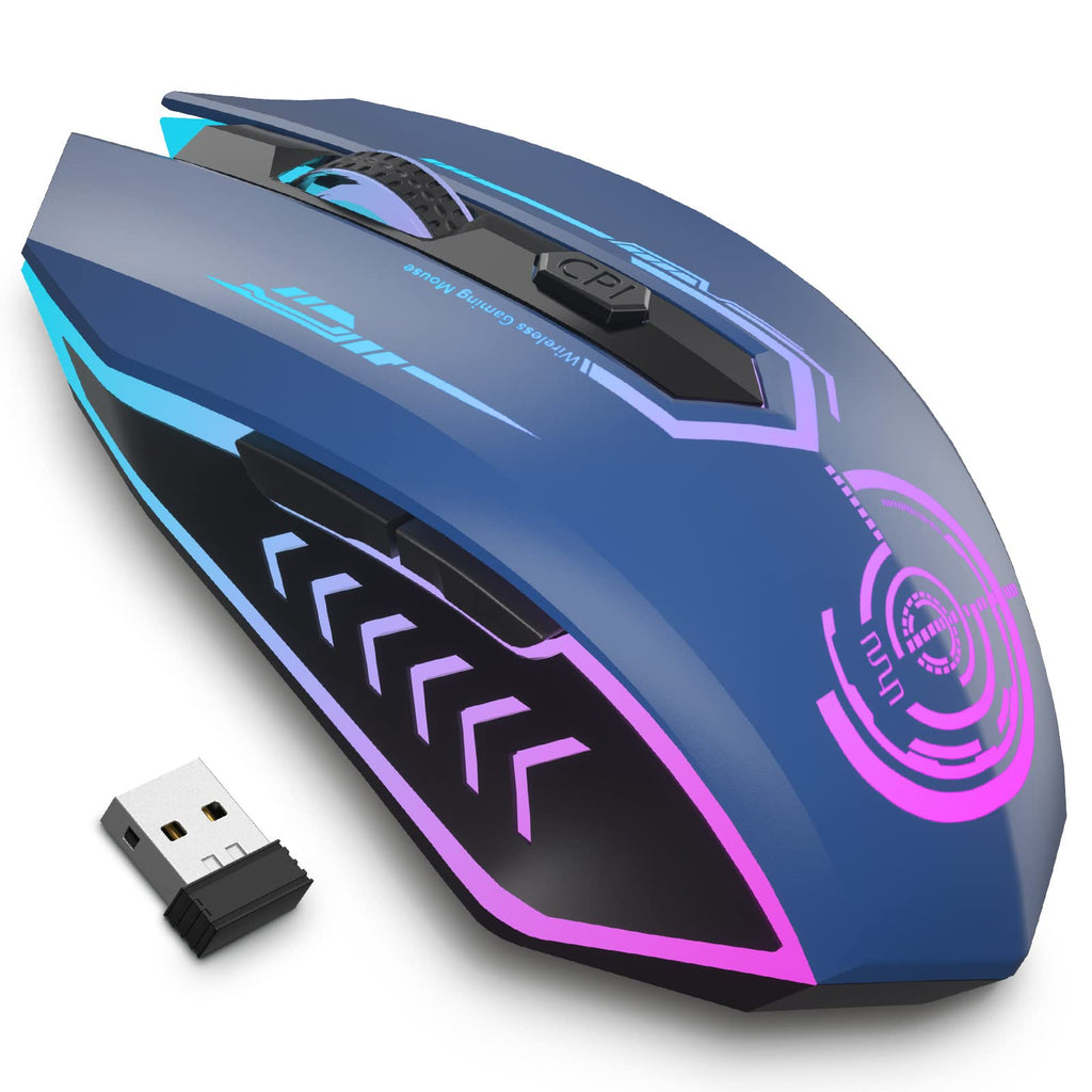  [AUSTRALIA] - UHURU Gaming Mouse, Wireless Gaming Mouse with 6 Buttons 7 Changeable LED Color up to 10000 DPI, Rechargeable USB Gamer Mouse for PC Laptop (Blue) blue