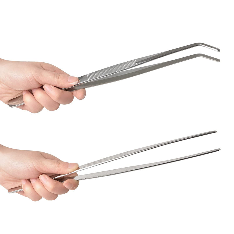  [AUSTRALIA] - 2 Pcs 12 Inch Long Handle Stainless Steel Straight and Curved Tweezers Nippers, Set with Serrated Tips Comfortable Ridged Handle for Garden, Kitchen, Indoors and Outdoors