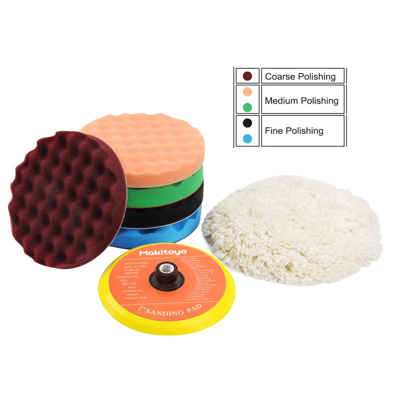  [AUSTRALIA] - Makitoyo Premium Quality 7-Inch Buffing and Polishing Pad Kit, 5pc of 7" Polishing Sponge Pad & 1 pc Wool Polishing Pads, 1pc Velcro Sanding Pad Kit-7pcs set