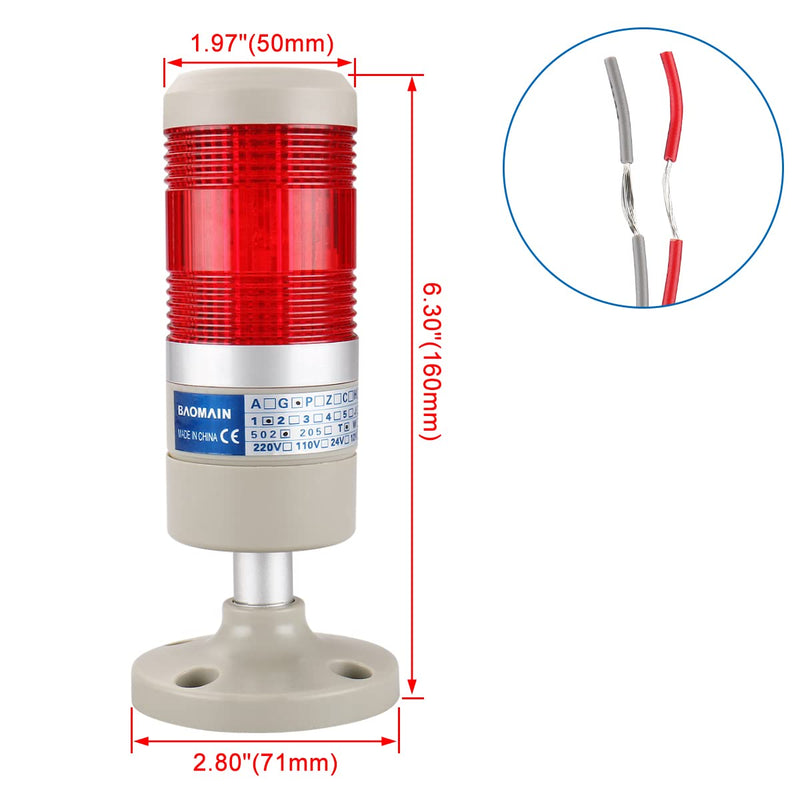  [AUSTRALIA] - Baomain Industrial Signal Light Column LED Alarm Round Tower Light Indicator Continuous Light Warning Light Red AC 110V