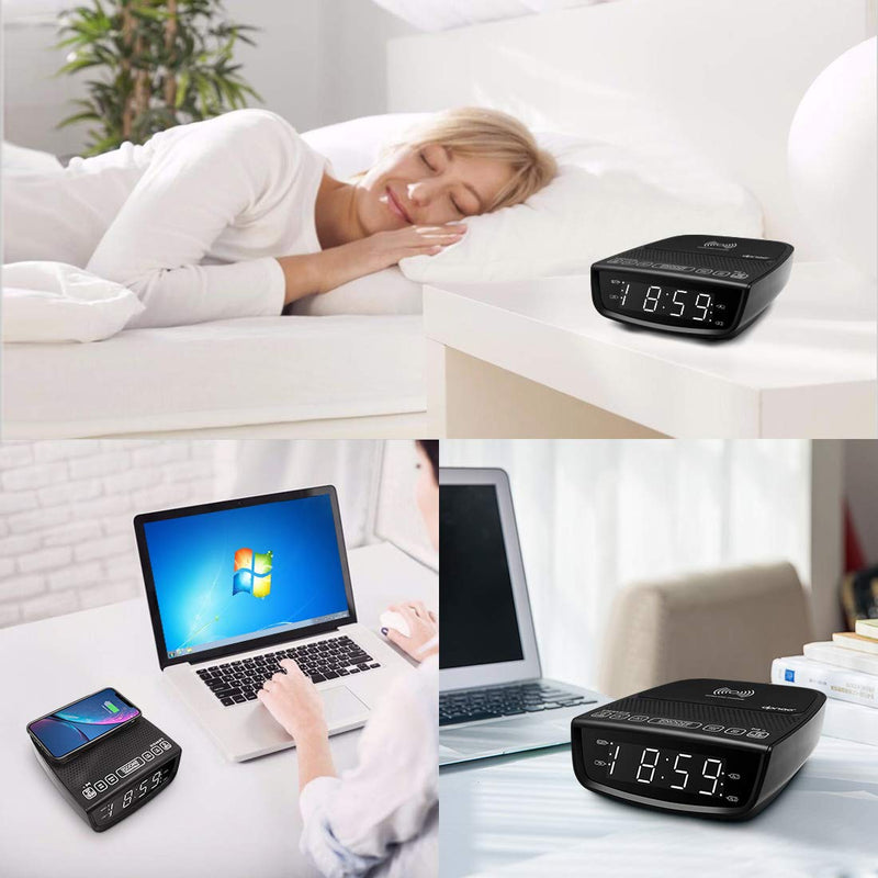 dpnao Alarm Clock FM Radio with Wireless Charging USB Charging Port Bluetooth Function Dual Alarm 3-Level Dimmer Snooze for Home Bedroom Bedside - LeoForward Australia