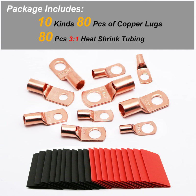  [AUSTRALIA] - TKDMR 160Pcs Copper Wire Lugs AWG2 4 6 8 10 12 with Heat Shrink Set, 80Pcs Battery Cable Lugs Battery Cable Ends Ring Terminals Connectors with 80Pcs Heat Shrink Tubing Assortment Kit 10 Kind Sizes 160