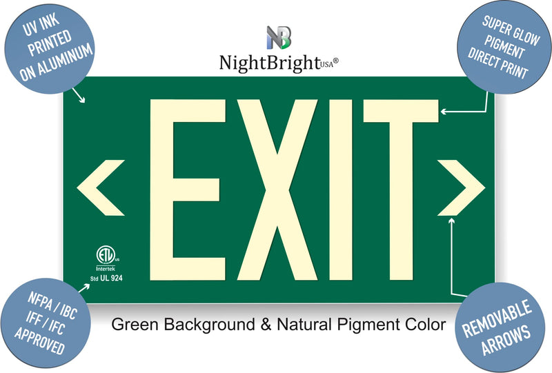  [AUSTRALIA] - Photoluminescent Exit Sign Green - Aluminum Code Approved UL 924 / IBC / NFPA 101 | NightBright USA Part Number ULG-050