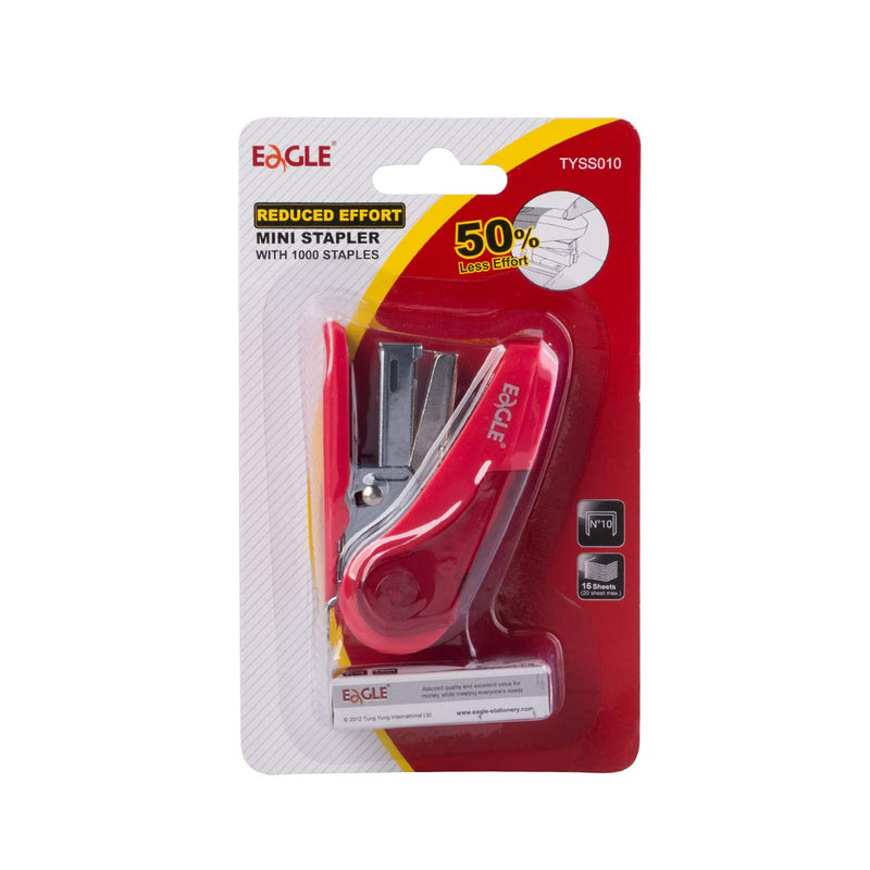  [AUSTRALIA] - Eagle Reduced Effort Mini Stapler, Maximum 20 Sheets Capacity, with 1000 Staples, 50% Less Effort, Built-in Staple Remover and Staples Storage (Red) Red