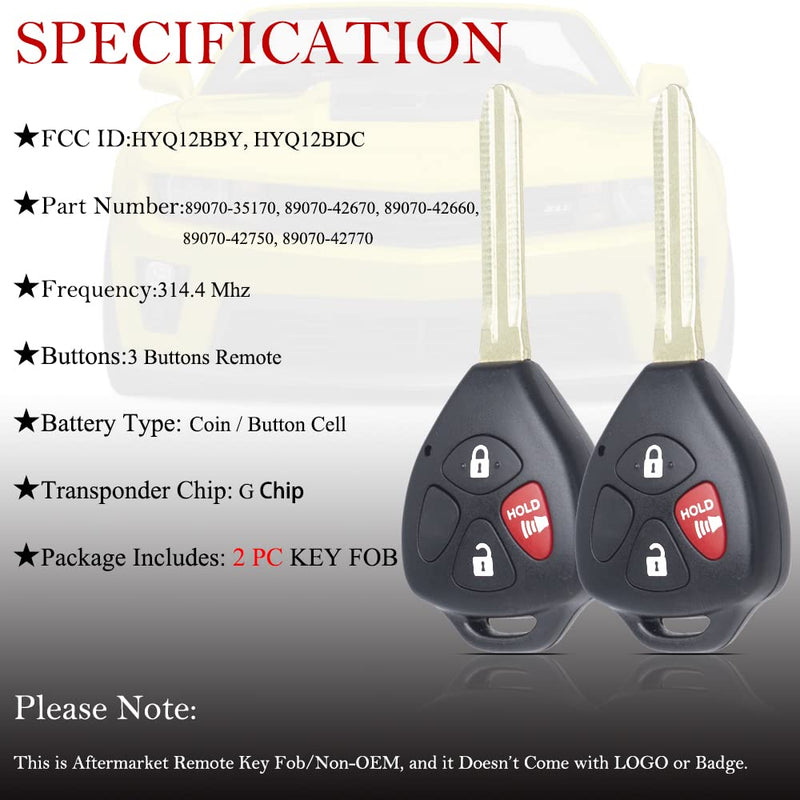  [AUSTRALIA] - Key Fob Remote Replacement Fits for Toyota 4Runner 2010 2011 2012 2013 2014 2015 2016 2017 2018 2019/Rav4 2010-2012/Yaris 2012-2014 HYQ12BBY HYQ12BDC Keyless Entry Remote Control G Chip (Pack of 2)