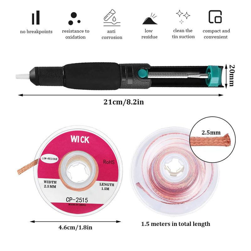  [AUSTRALIA] - YPLonon Desoldering Pump Solder Remover Tool with 4 Pieces Solder Wicks (2.5mm × 1.5m) Desoldering Pump and Solder Wick Kit Desoldering Wick & Solder Sucker for Removing Solder Wicks