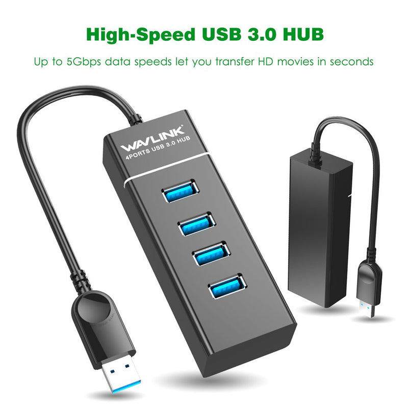 Wavlink USB 3.0 4 Vertical Port Bus-Powered Hub 18cm Tail Cable for Windows Mac (Black) - LeoForward Australia