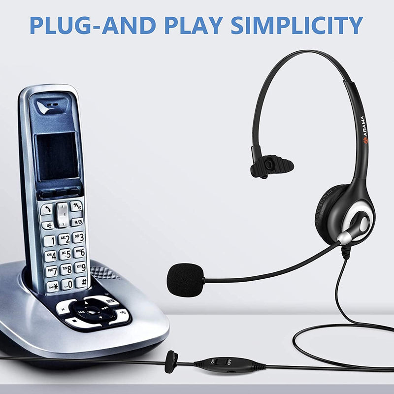  [AUSTRALIA] - Arama Phone Headset 2.5mm with Noise Canceling Mic & Mute Switch Ultra Comfort Telephone Headset for Panasonic AT&T Vtech Uniden Cisco Grandstream Polycom Cordless Phones Mono-A600