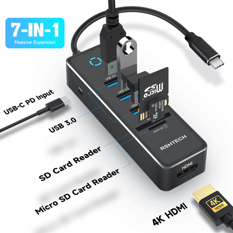  [AUSTRALIA] - USB C Hub, RSHTECH USB C Dongle Adapter with 4K HDMI, 3 USB 3.0 Data Port, 100W Power Delivery, SD/TF Card Reader, Aluminum USB-C/Thunderbolt 3 Hub Dock for PC and Laptop, RSH-T16 7 in 1 USB C Hub