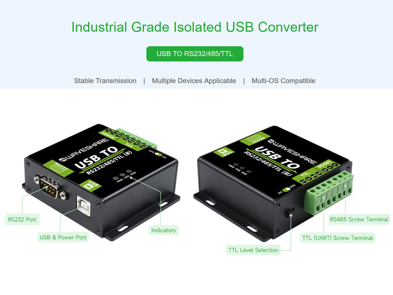  [AUSTRALIA] - waveshare USB to RS485/RS232/TTL Converter Industrial Digital Isolated Converter with CH343G Inside, Multi-Protocol & Multi-Type Conversion, Support Windows 11/10/8.1/8/7 Linux Android Mac etc.