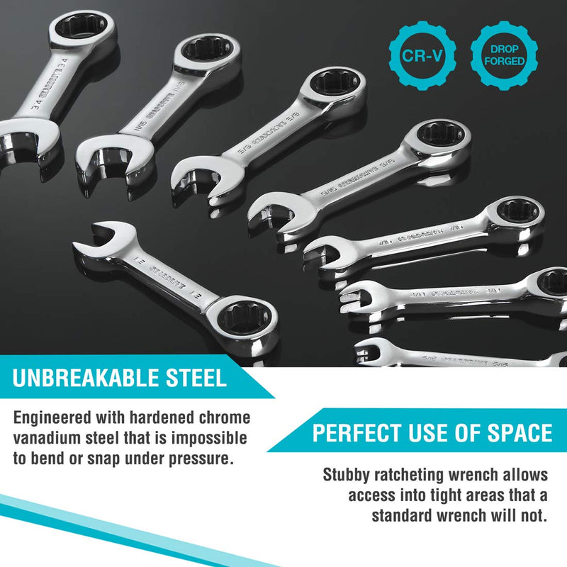 GEARDRIVE Stubby Ratcheting Combination Wrench Set, SAE, 8-Piece, 5/16'' to 3/4'', Chrome Vanadium Steel, with Rolling pouch - LeoForward Australia