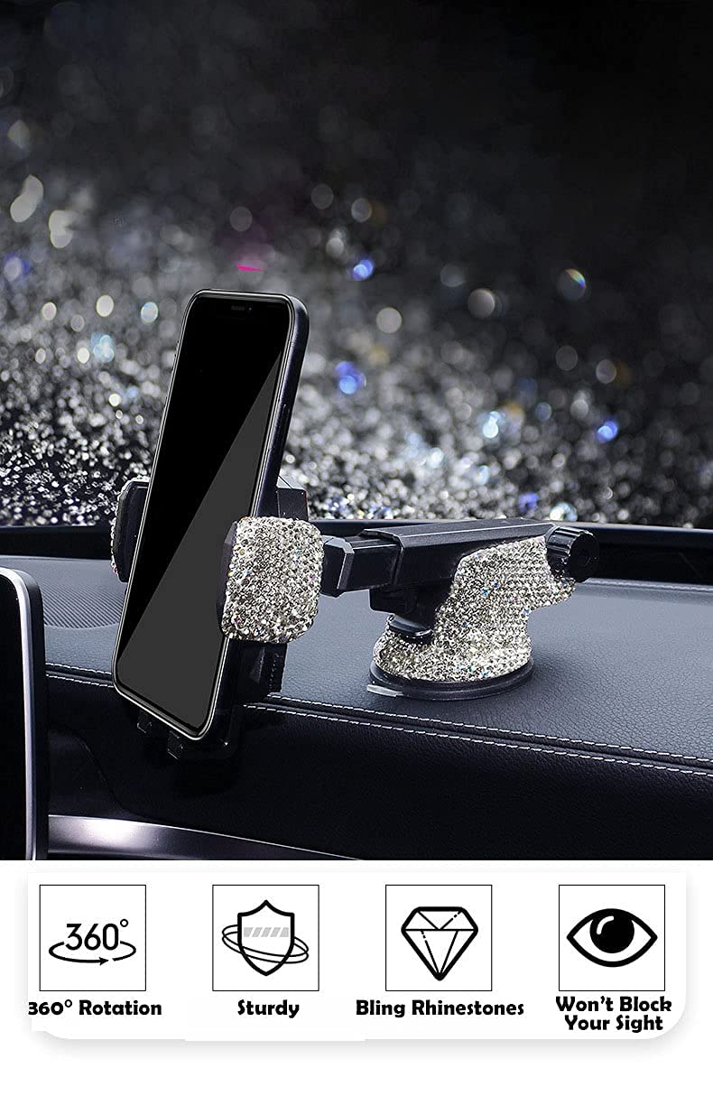  [AUSTRALIA] - LYCARESUN Bling Car Phone Holder, Shiny Crystal Rhinestone Phone Mount Stand for Women and Girls Gifts, Bling Car Accessories for Windshield Dashboard, Compatible for iPhone and Most Cellphones white